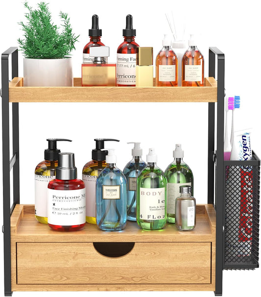 LEMIKKLE 2-Tier Bathroom Organizer with Drawers and Baskets, Multi-Purpose Makeup Organizer Countertop, Large Skincare Organizers, Exquisite Vanity Organizer,Wood