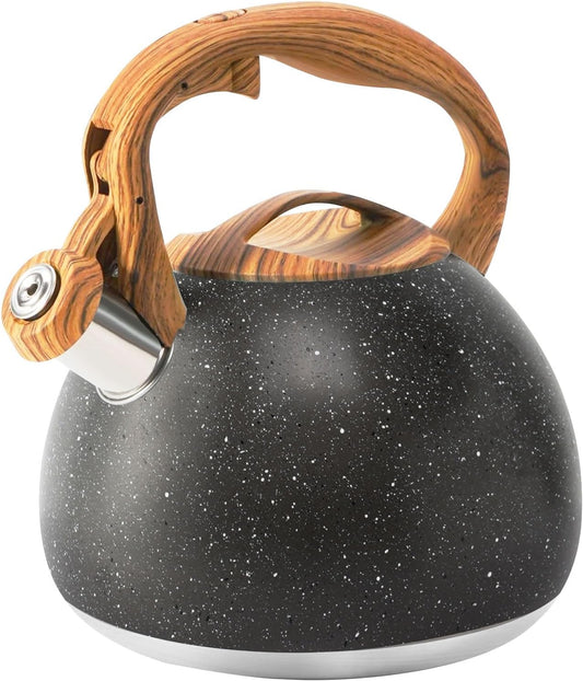 Whistling Tea Kettle Stovetop, Tea Pots for Stove Top Food Grade Stainless Steel with Wood Pattern Handle, 3.2Quart (Black)