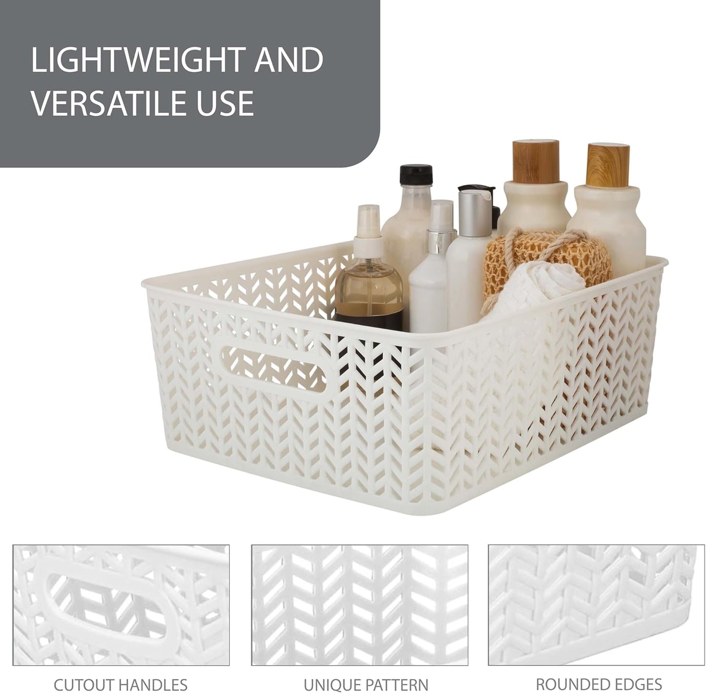 Simplify 2 Pack Medium Herringbone Storage Basket | Dimensions: 14"x11.5"x5.15" | Multipurpose | Home Organization | 2 Open Handles | White