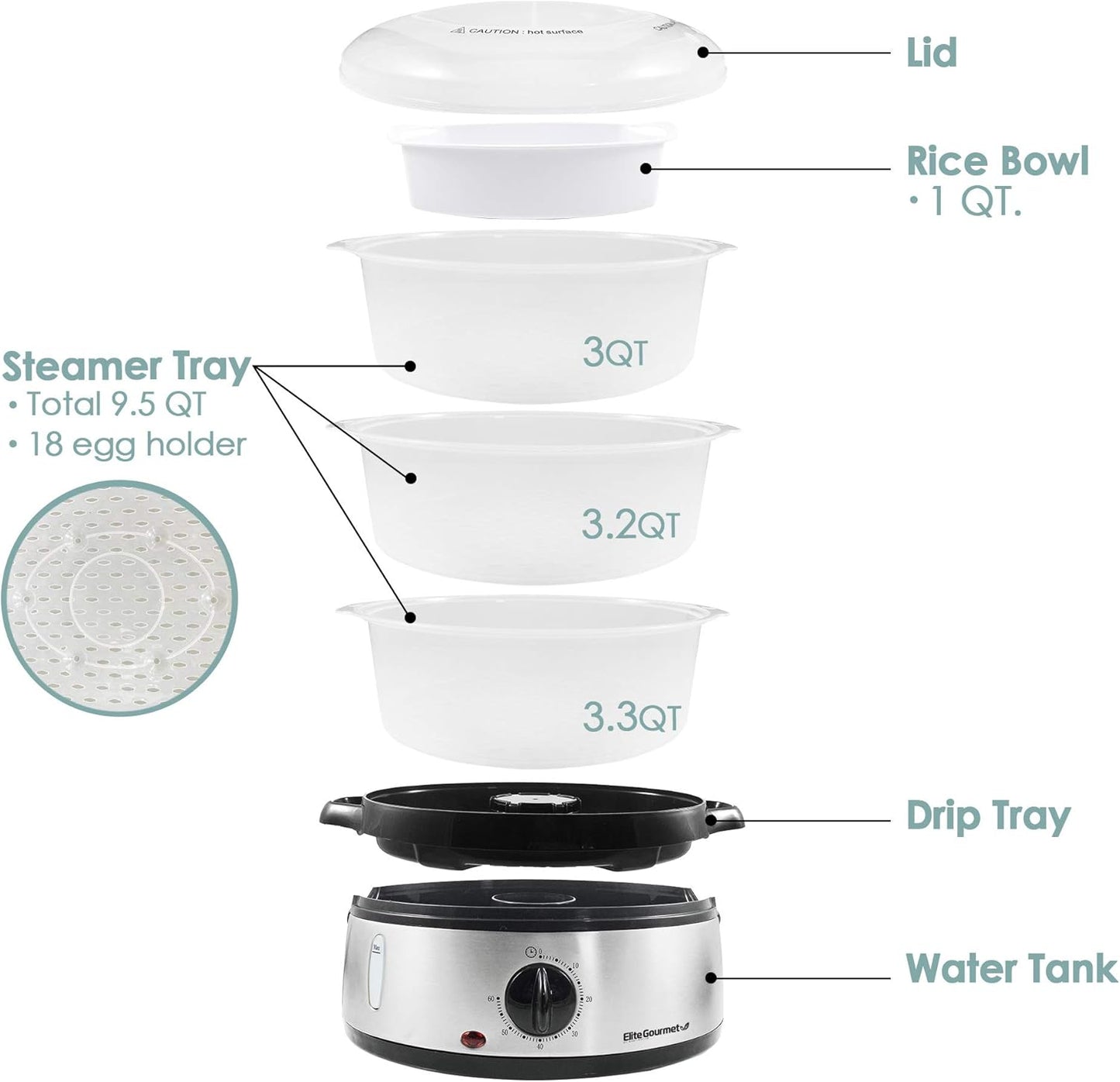 Elite Gourmet Maxi-Matic Electric Food Vegetable Steamer with BPA-Free 3 Tier Stackable, Nested Basket Trays, Auto Shut-off 60-min Timer, 800W, 9 Quart, Stainless Steel