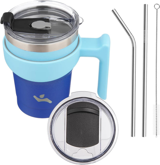 10 oz Tumbler with Handle and 2 Straw 2 Lid, Insulated Water Bottle Stainless Steel Vacuum Cup Reusable Travel Mug,Sky