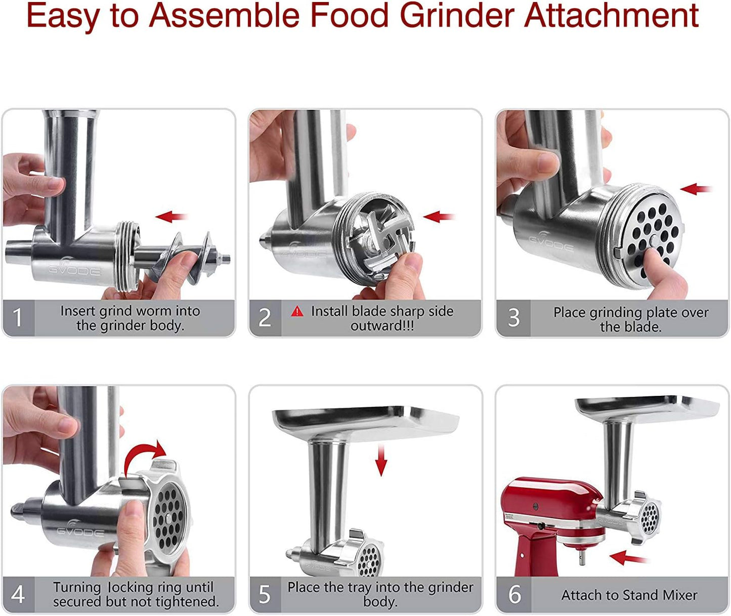 GVODE Meat Grinder Attachment for KitchenAid Stand Mixer, Meat Grinders Includes 4 Grinding Plates, 3 Sausage Stuffer Tubes, 2 Grinding Blades, For KitchenAid Mixer Attachments