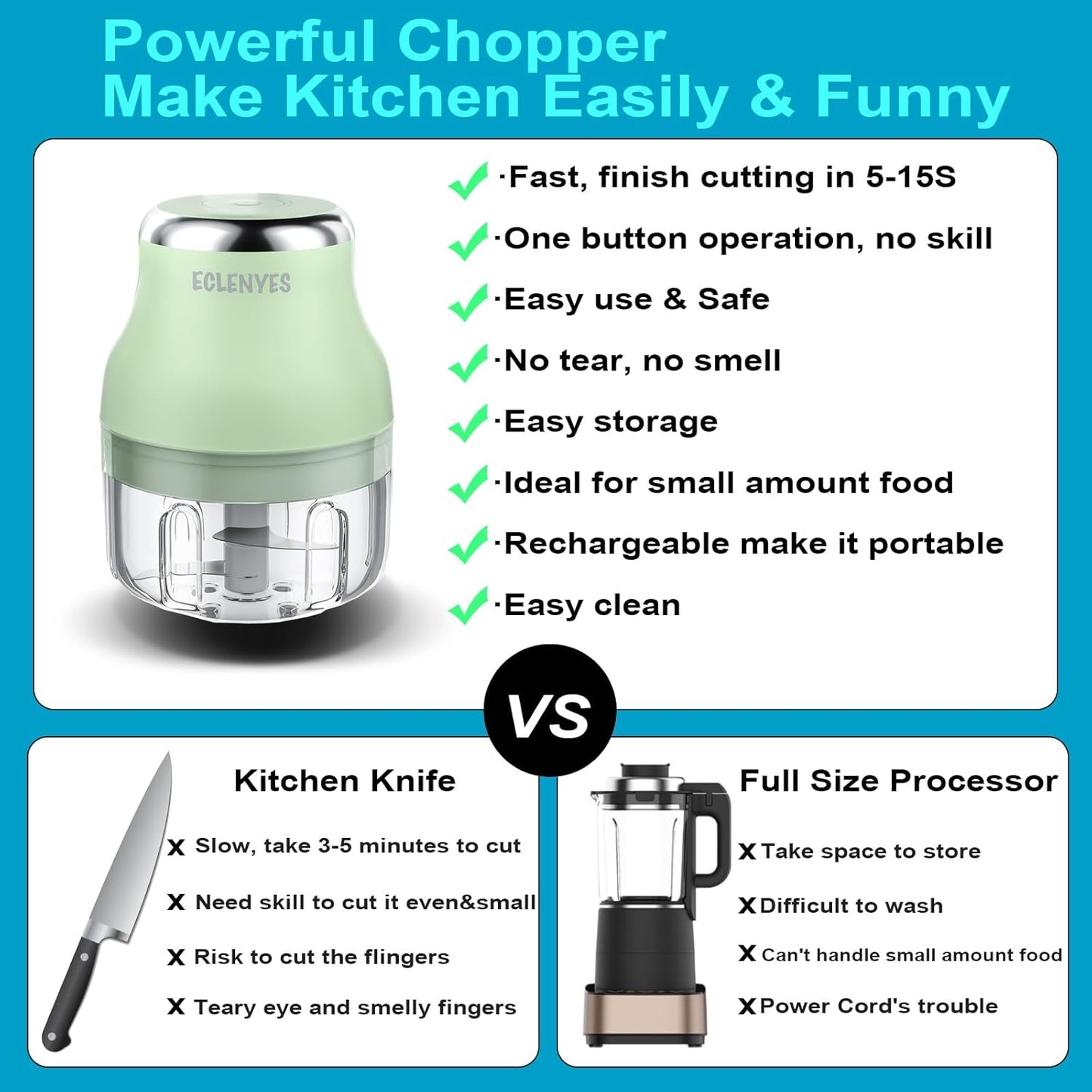Vegetable Chopper, 100ML Electric Garlic Chopper, Rechargeable Mini Blender, Powerful Small Food Processor, Blender to Vegetable, Wireless Food Cutter for Ginger, Chili, Fruit, Meat, etc（Green）