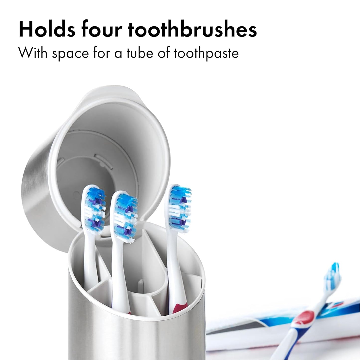 OXO Good Grips Stainless Steel Toothbrush Organizer, Bathroom Organizer and Storage, Toothbrush Holder for Countertop, Sleek Modern Bathroom Accessories