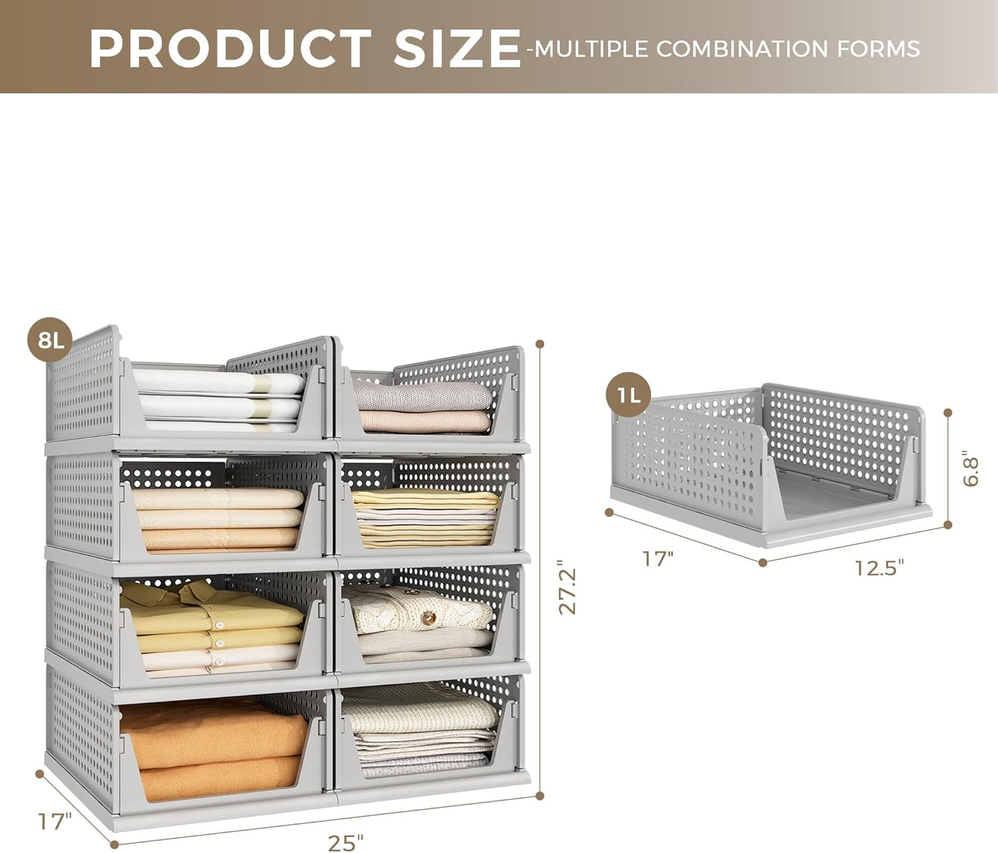 Pinkpum 8 Pack Closet Organizers and Storage Plastic Stackable Storage Bins, Foldable Drawer Shelf Storage Container for Wardrobe Kitchen Bathroom Dorm Grey