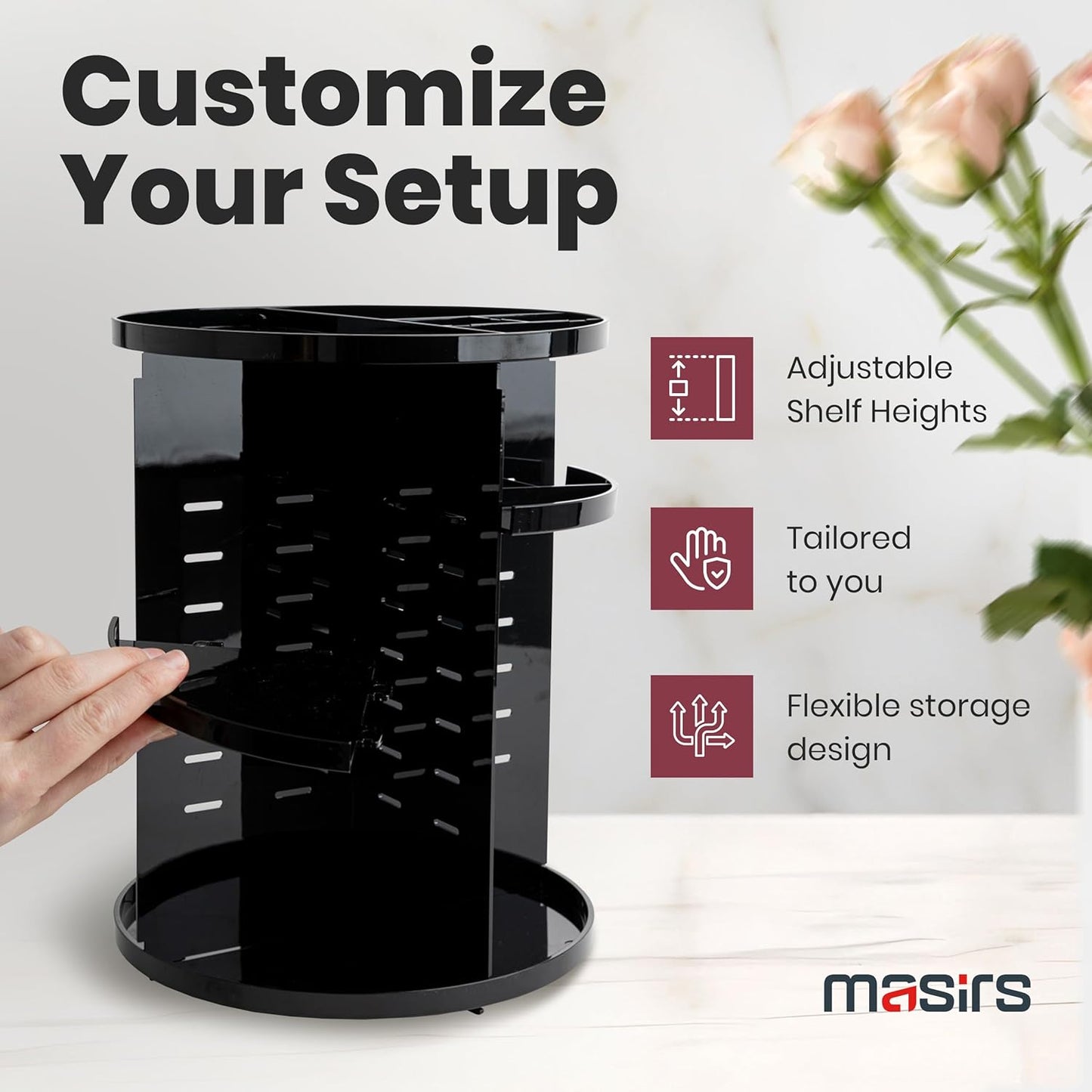 360 Rotating Makeup Organizer - Adjustable Shelf Height and Fully Rotatable. The Perfect Cosmetic Organizer for Bedroom Dresser or Vanity Countertop. (Black)