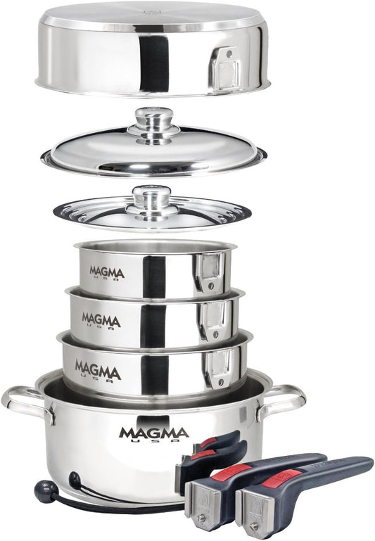 Magma 10 Piece Gourmet Nesting Stainless Steel Cookware Set, Induction Compatible, Oven Safe to 500°F - Suitable for All Stovetops, Removable Handles, Silver