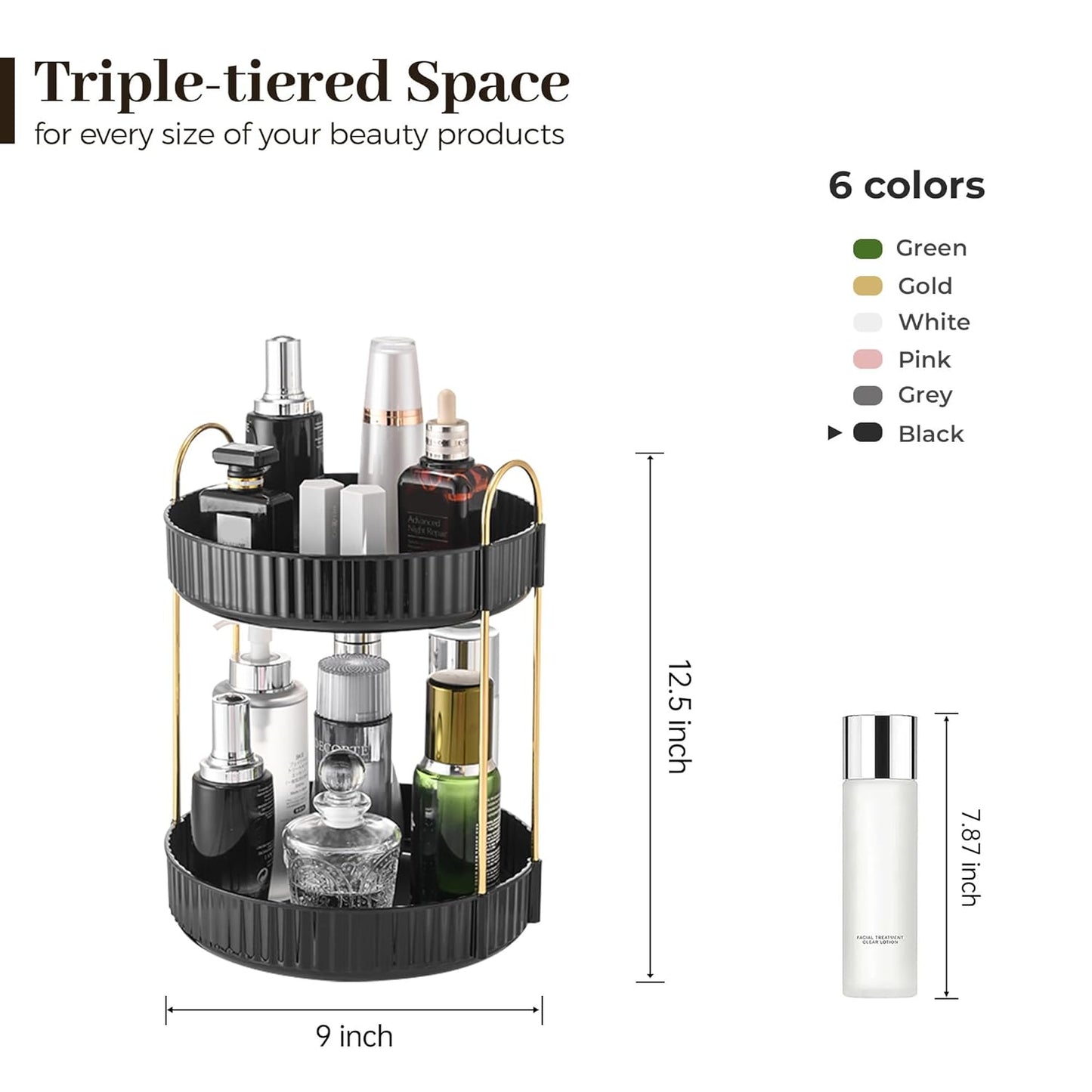 Aveniee 360 Rotating Makeup Organizer for Vanity, Skincare Perfume Organizers, 2 Tiered Bathroom Countertop Storage, Black Cosmetics Lipstick Skin Care Holder for Dresser