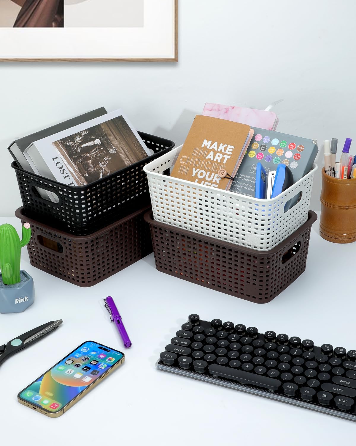 AREYZIN Lidded Storage Bins Plastic Storage Baskets With Lid Organizing Container Knit Storage Organizer Bins for Shelves Drawers Desktop Playroom Classroom Office, 6 Pack,Brown