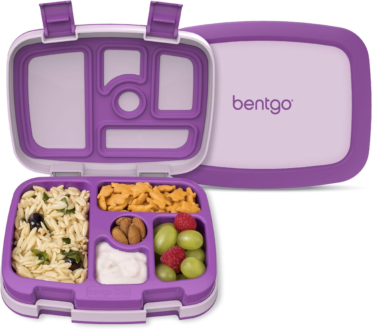 Bentgo Kids Bento-Style 5-Compartment Leak-Proof Lunch Box - Ideal Portion Sizes for Ages 3 to 7 - Durable, Drop-Proof, Dishwasher Safe, PFAS & BPA-Free & Made with Food-Safe Materials (Purple)