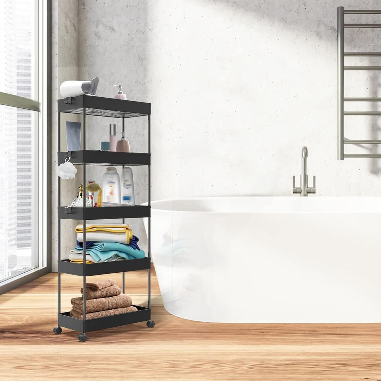 SPACEKEEPER 5-Tier Rolling Cart, Bathroom Storage Organizer Utility Cart, Mobile Shelving Unit Slide Out Shelves for Kitchen Living Room Laundry Room & Dressers, Black