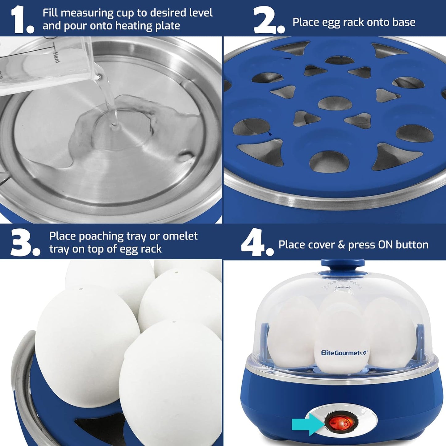Elite Gourmet EGC007CBL# Rapid Egg Cooker, 7 Easy-To-Peel, Hard, Medium, Soft Boiled Eggs, Poacher, Omelet Maker, Auto Shut-Off, Alarm, 16-Recipe Booklet, BPA-Free, Cobalt