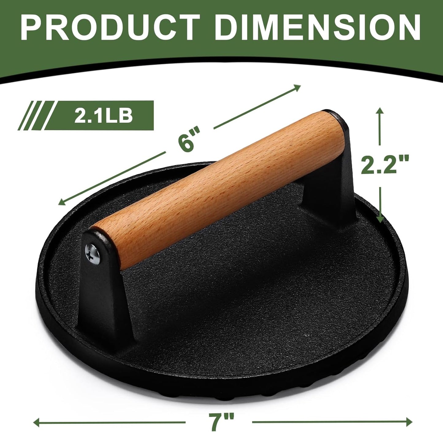 EWFEN Burger Press, 7" Round Heavy-Duty Cast Iron Smash Bacon Press Meat Steak with Wood Handle for Griddle, Sandwich, Nonstick Pan