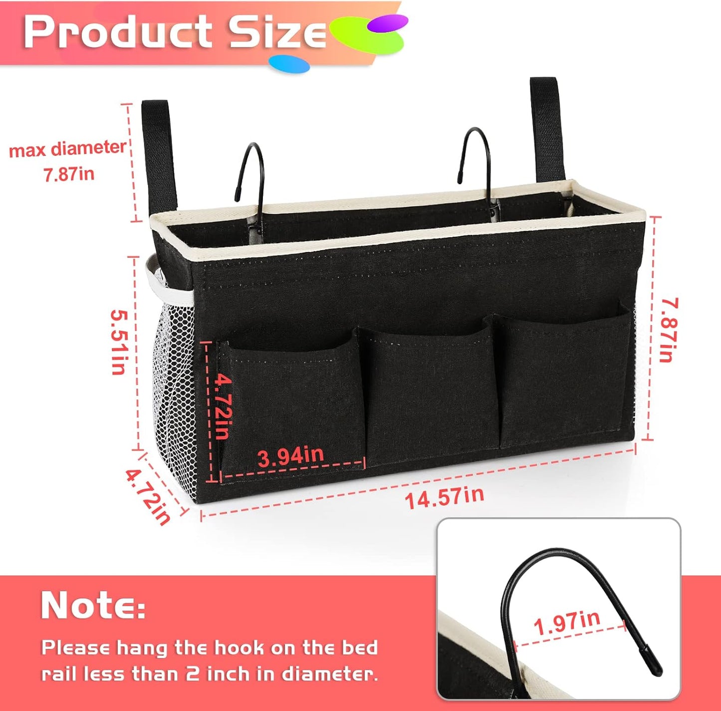 Loghot Bedside Caddy/Bedside Storage Bag Hanging Organizer for Bunk and Hospital Beds,Dorm Rooms Bed Rails,Can be Placed Glasses,Books,Mobile Phones,Keys (New Black)
