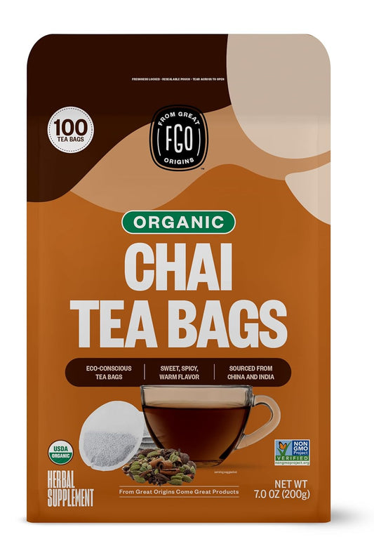 FGO Organic Chai Tea, 100 Count, Eco-Conscious Tea Bags, Resealable Bag, Packaging May Vary (Pack of 1)