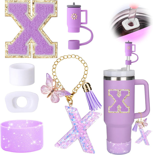 Mity rain 6PCS Cup Accessories Set for Stanley Cup 30oz 40oz tumbler with handle, Including Silicone Straw Topper Cover Cap and Boot, Spill Proof Stopper, Handle Charm, Initials Sticker (Letter X)