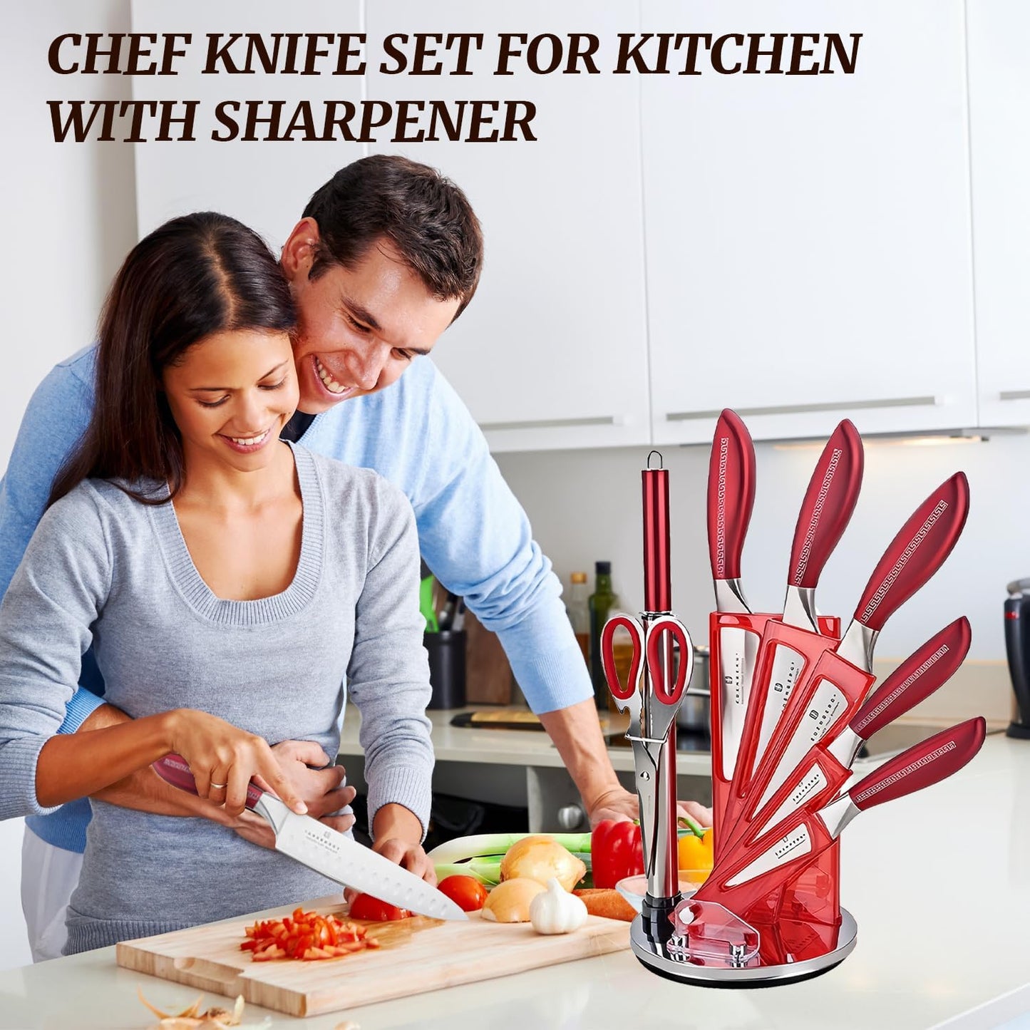 Kitchen Knife Set, Retrosohoo 9-Piece Red Sharp Non-Stick Coated Chef Knives Block Set,Stainless Steel Knife Set for Kitchen with Sharpener for Cutting Slicing Dicing Chopping (Red)