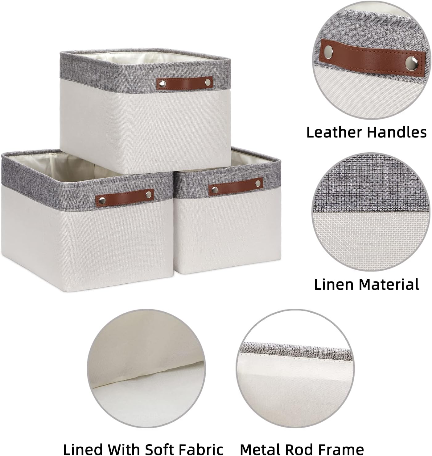 HNZIGE Large Storage Baskets for Shelves(3 Pack) Fabric Storage Toy Baskets with Handles, Decorative Foldable Storage Bins for Organizing (Gray&White-Leather Handles, 15"x11"x9.5")