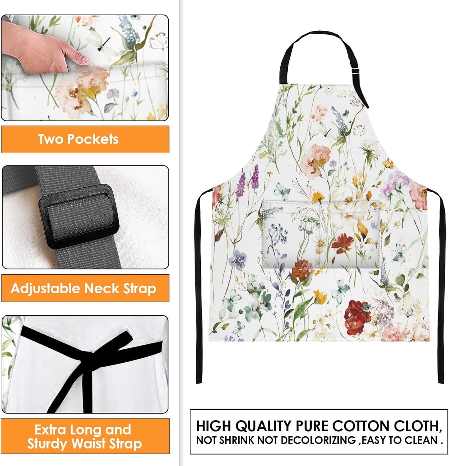 Britimes Apron Home Kitchen Cooking Baking Gardening for Women Men With Pockets Wildflower Flower Floral Boho Butterfly Hydrangea 32x28 inch