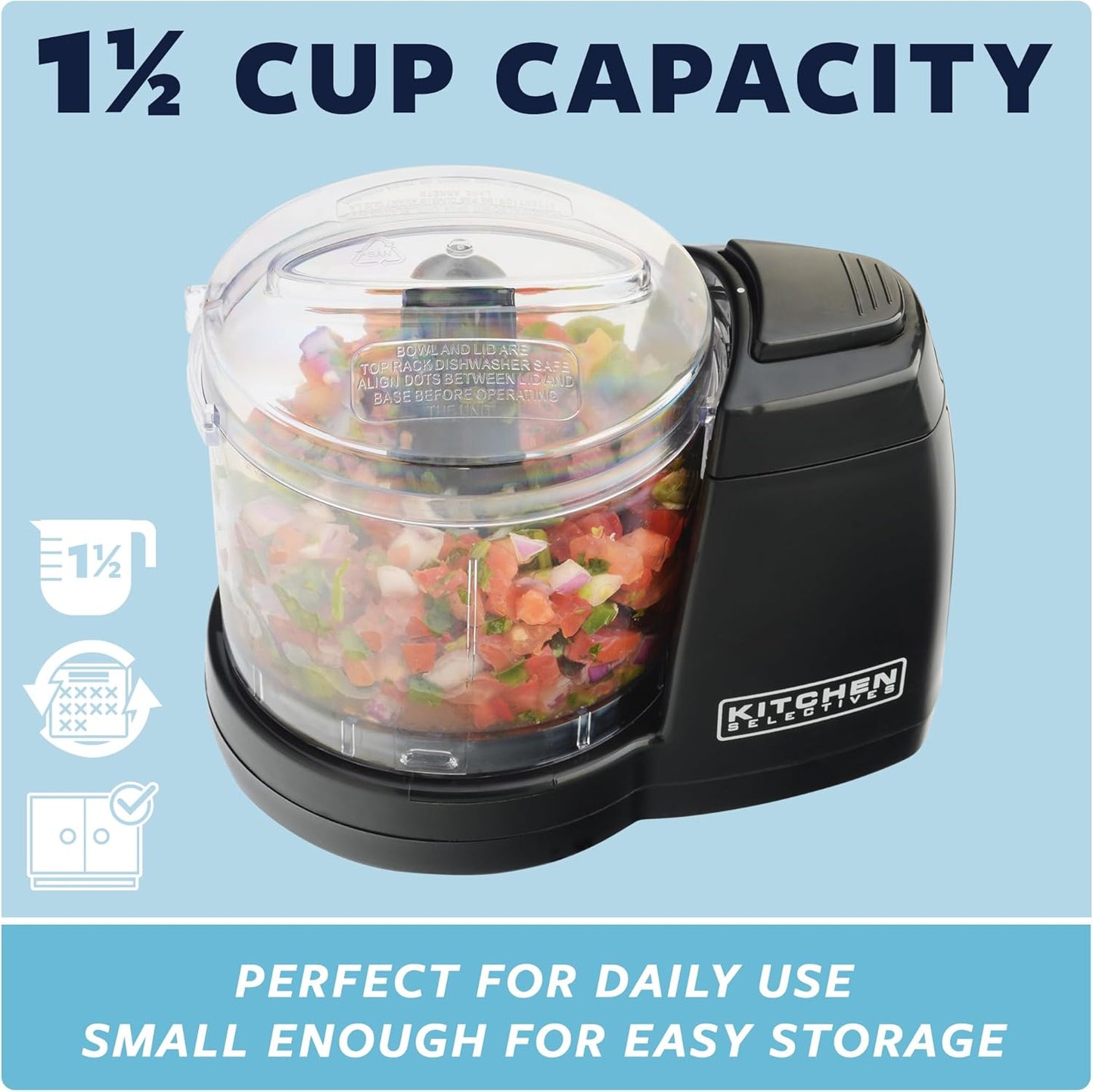 Kitchen Selectives Mini Chopper by Select Brands - Mini Electric Food Chopper for Kitchen Appliances - Features Dishwasher-Safe Parts - Chops, Minces & Dices - 1-1/2 Cups, Black