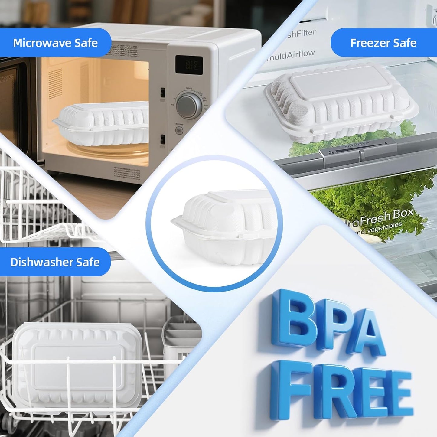 YANGRUI To Go Containers, Reusable 150 Pack 9 x 6 Inch 28 OZ Plastic Hinged Food Boxes Microwave Freezer Safe BPA Free MFPP Clamshell Take Out Container