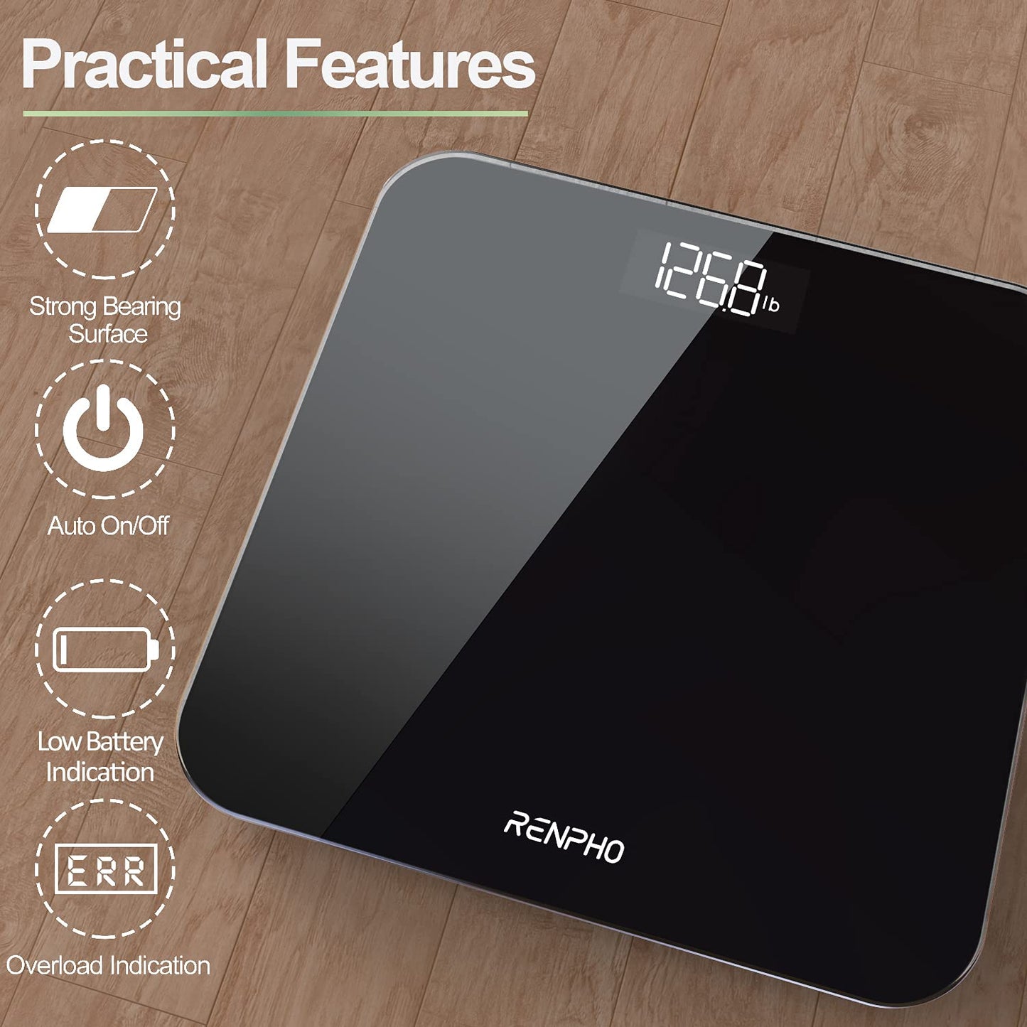 RENPHO Scale for Body Weight, Bathroom Weighing Scale with Backlit LED Display, Highly Accurate & Measures Weight up to 400 lb/180kg, Batteries Included, Black-Core 1S