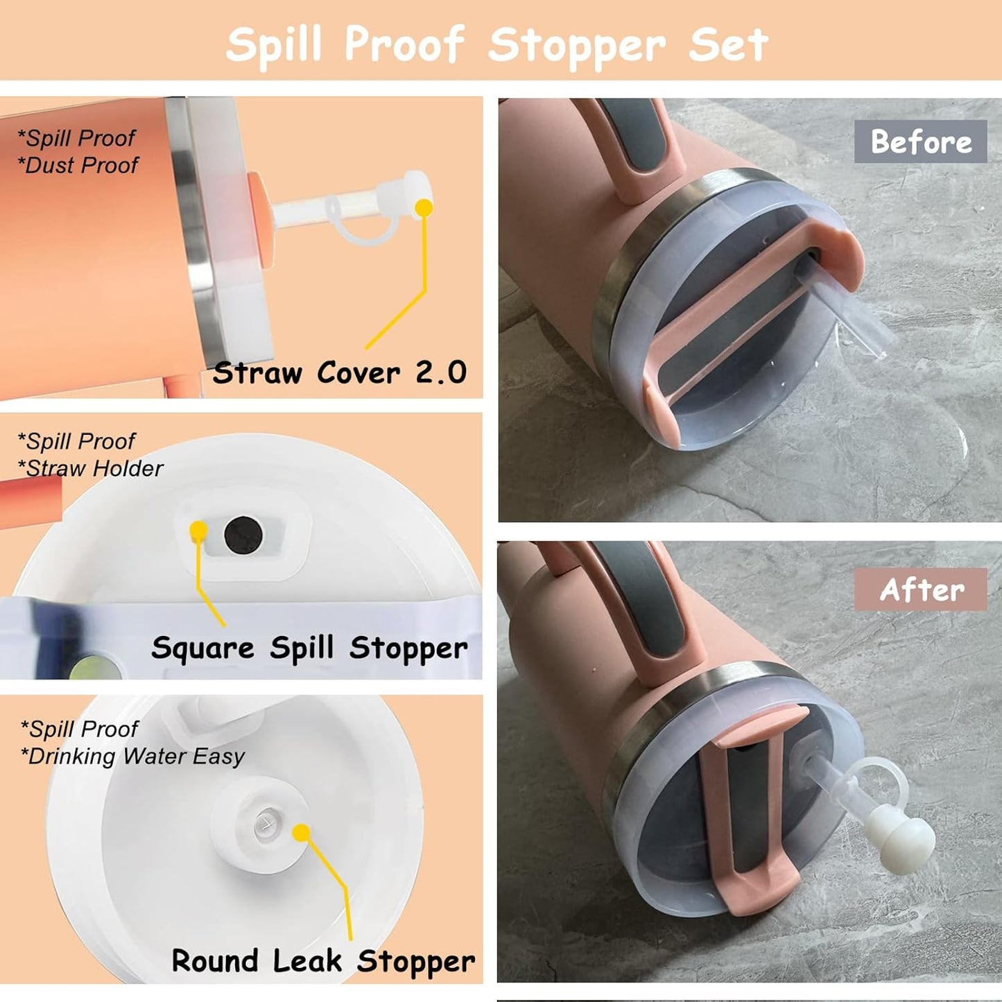 Stanley Cup Accessories Set,Including 2 Pcs 0.4in Straw Cover, 1 Silicone Spill-Proof Stopper, 1 Cute Dog Handle Charm, 1 Silicone Boot Fits Stanley 40&30 Oz Tumbler (Sunshine Orange)