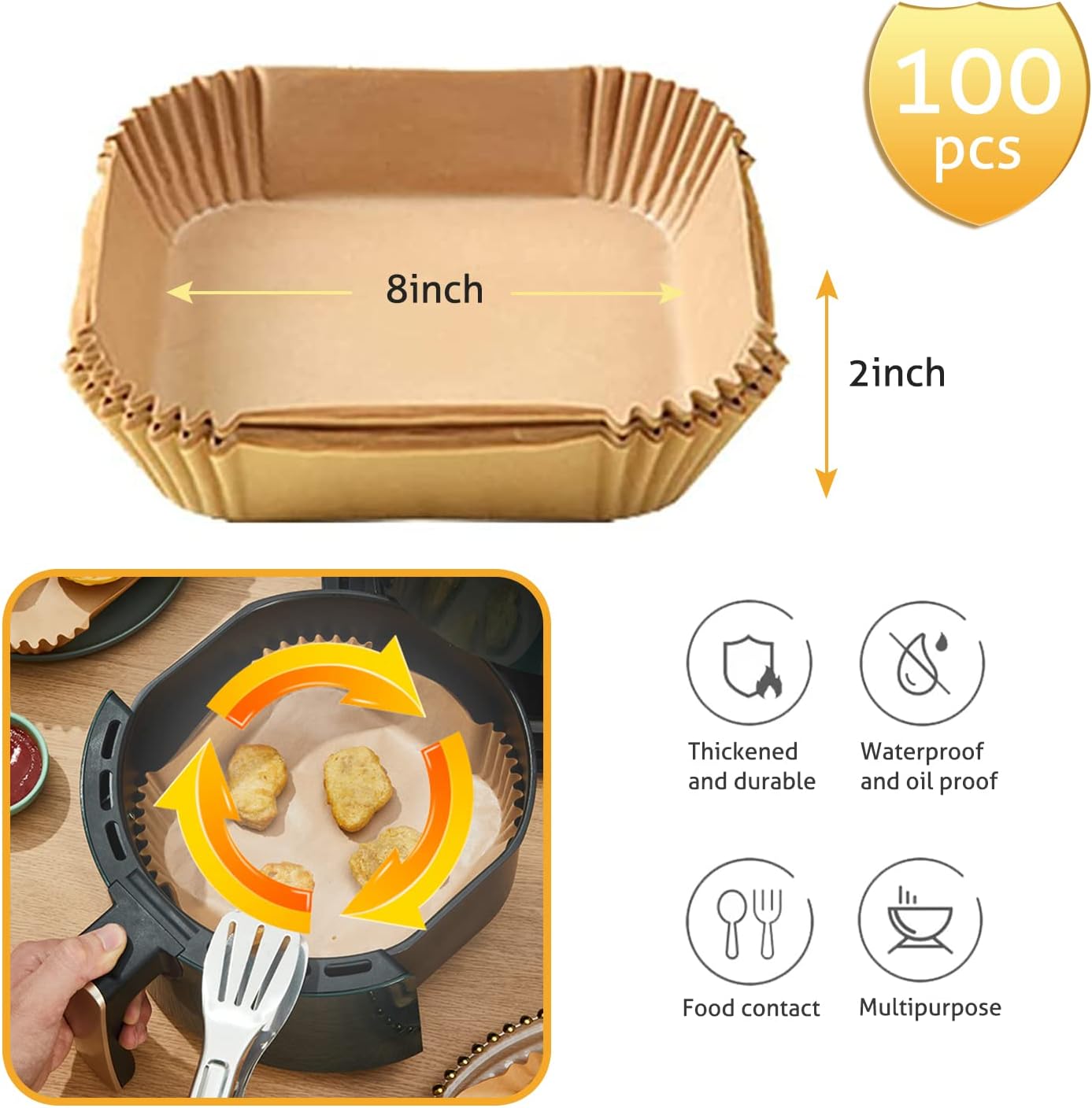 Ailun Air Fryer Paper Liners 8inch, 100PCS Non-Stick Parchment Paper,Oil Resistant,Disposable Food Grade Free of Bleach Paper Square for 5-8 QT Air Fryer Baking Roasting Microwave