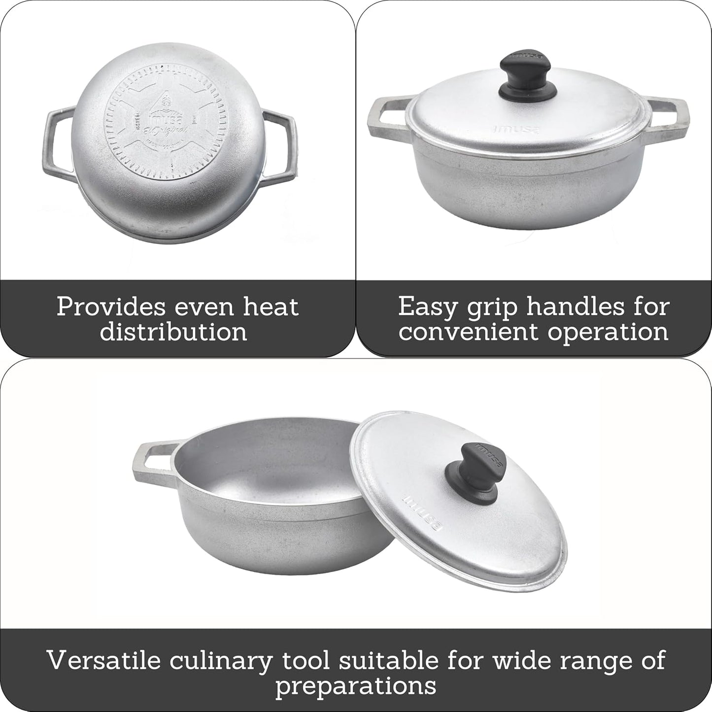 IMUSA Caldero Stock Pot with Aluminium Lid 2QT, Cast Aluminum, Perfect for Serving Small Groups, Riveted Handles, Made in Colombia, Silver