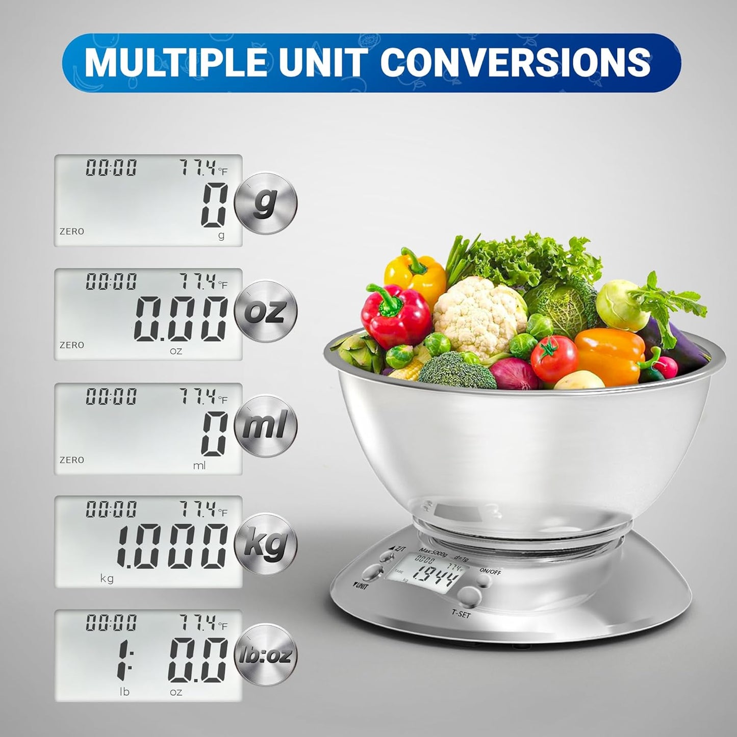 Kitchen Food Scale Digital Weight Grams and Oz，Professional Stainless Steel Digital Kitchen Food Scale 11lb/0.1oz with Bowl for Weight Loss Dieting Baking Cooking