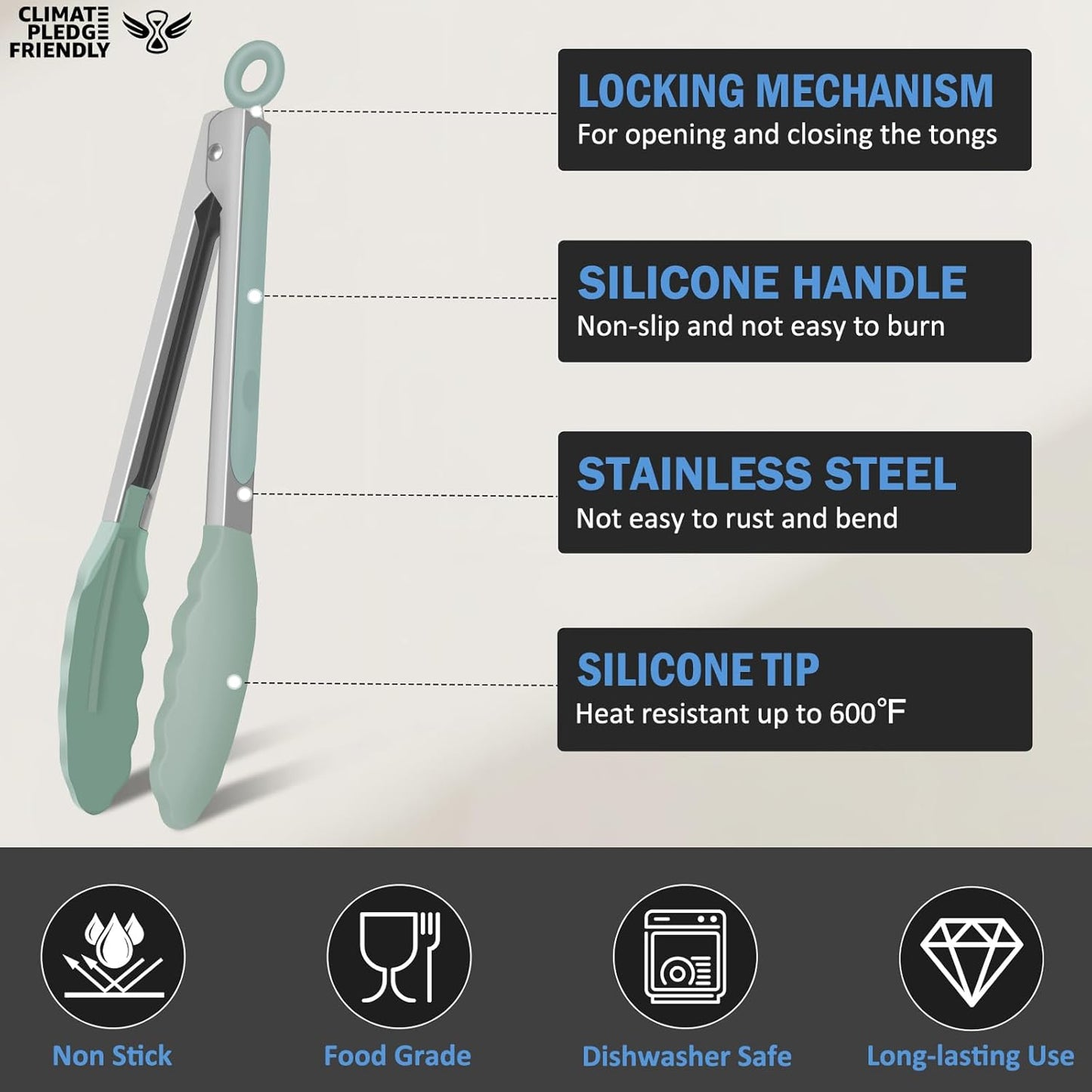 Kitchen Tongs, Set of 3 Stainless Steel Tongs with Silicone Tips Locking Cooking Tongs 600ºF Heat Resistant Tong for Cooking BBQ Grilling Air Fryer Serving Food Salads, 7"+9"+12" Light Green