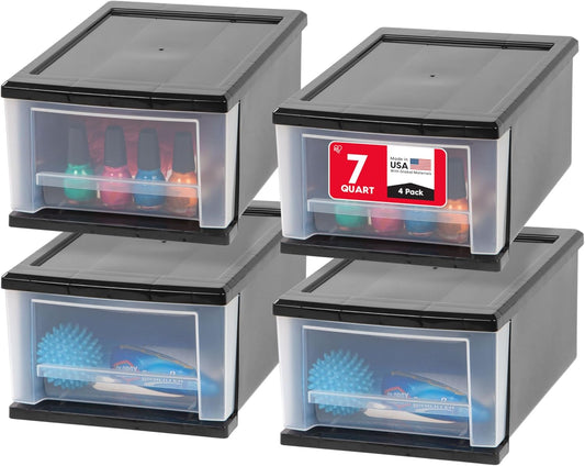 IRIS USA Plastic Stacking, Storage Organizer Unit with Sliding Drawer for Clothes Bedroom Kitchen Under Sink Pantry Craft Room Bathroom Dorm Office, 7 Qt. - 4 Pack, Black