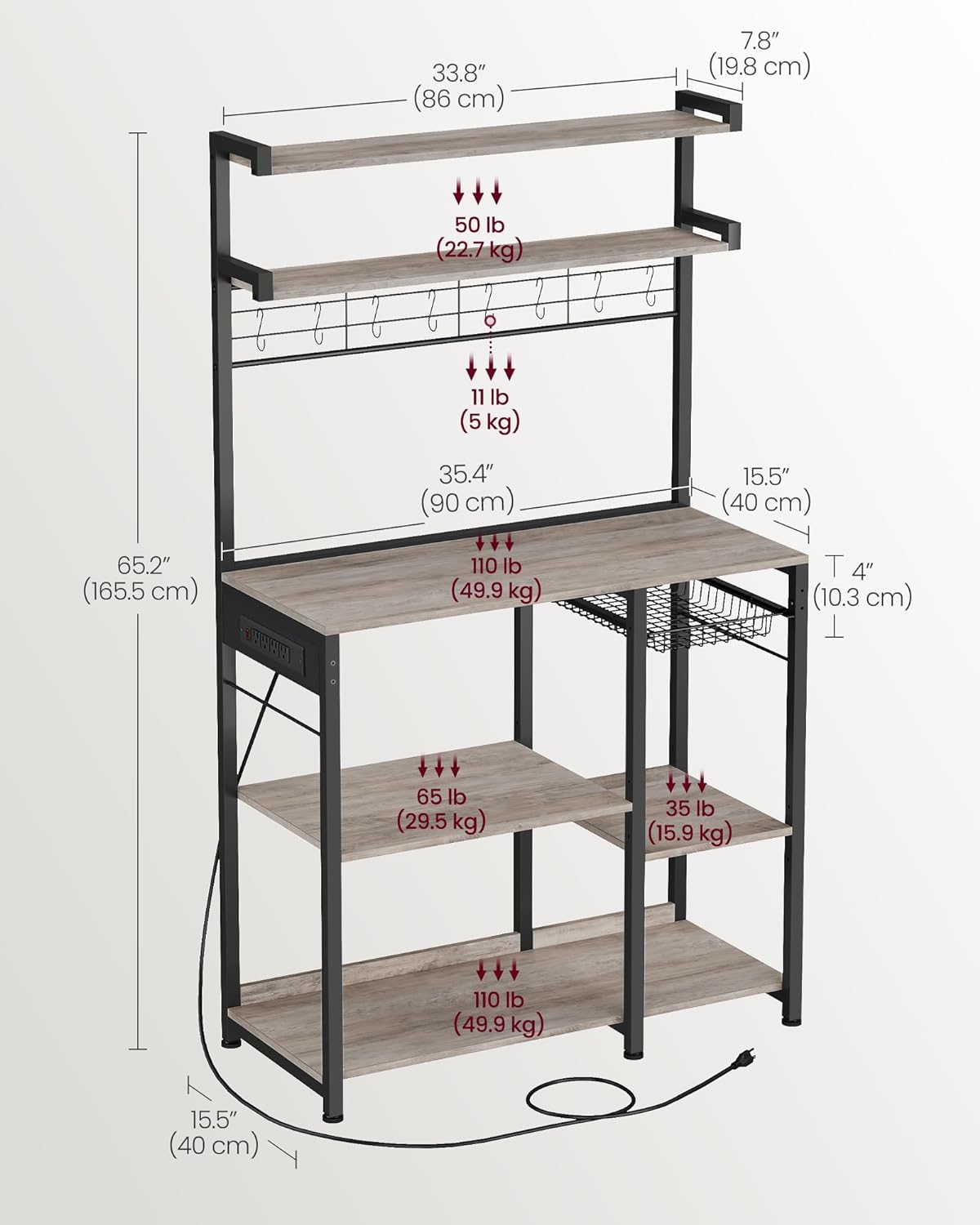 VASAGLE Bakers Rack with Power Outlet, 35.4 Inches Microwave Stand, Coffee Bar, 4 AC Outlets, with Adjustable Shelves, 8 S-Hooks, Basket, Spice Racks, Heather Greige and Ink Black UKKS031K02