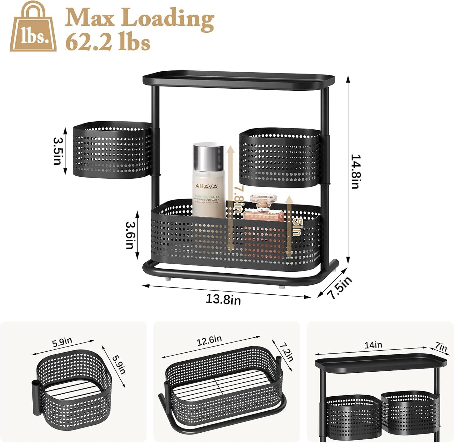 KINGRACK Bathroom Counter Organizer, 3 Tier Rotating Vanity Bedroom Storage cabinet, Cosmetic Holder Standing Shelf, Bathroom Tray for Countertop Storage, Kitchen Spice Rack, Black