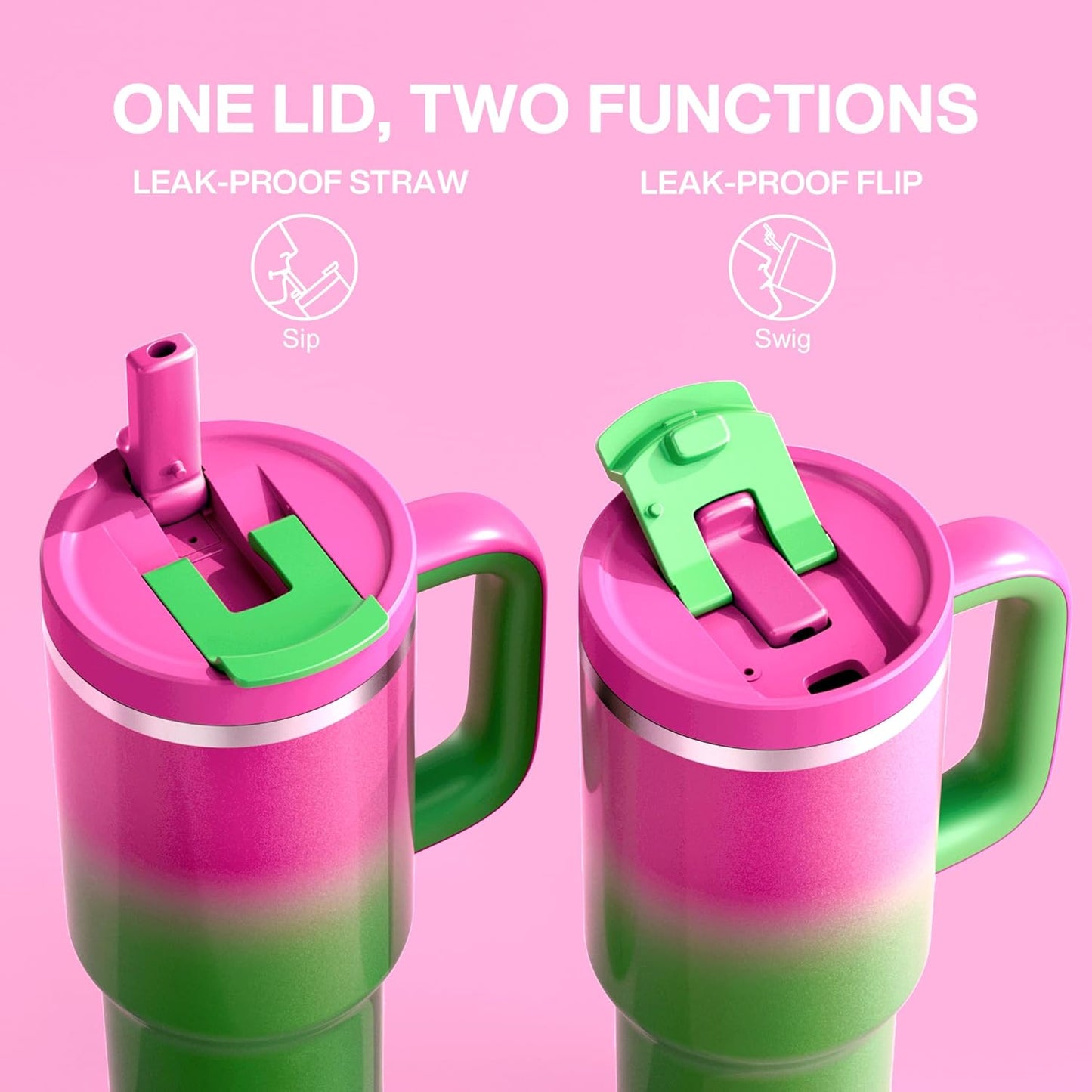 32 oz Tumbler with Handle and Straw: Stainless Steel Insulated Tumbler Keeps Cold for 24 Hours, Leakproof Travel Cup Fits in Cup Holder and BPA-Free, Fuchsia