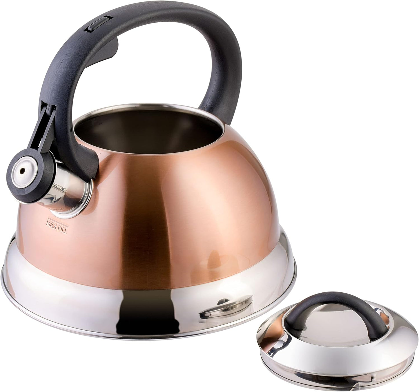 Mr. Coffee Flintshire 1.75-Quart Stainless Steel Whistling Tea Kettle with Nylon Handle – Copper Finish Stove-Top Kettle for Boiling Water