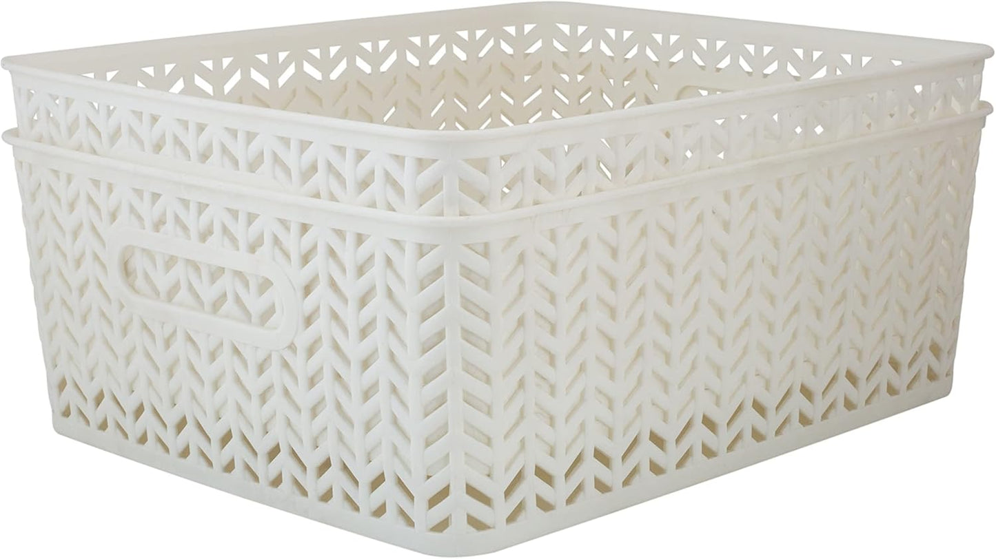 Simplify 2 Pack Medium Herringbone Storage Basket | Dimensions: 14"x11.5"x5.15" | Multipurpose | Home Organization | 2 Open Handles | White