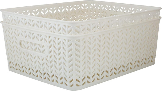 Simplify 2 Pack Medium Herringbone Storage Basket | Dimensions: 14"x11.5"x5.15" | Multipurpose | Home Organization | 2 Open Handles | White