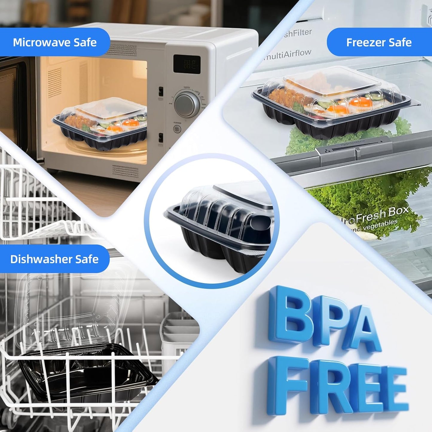 YANGRUI Plastic Containers 8" 34 oz 25 Pack - Reusable Anti Fog Crystal Lid | BPA Free PP Freezer & Microwave Safe Shrink Wrap To Go Box | Black Restaurant Hotel Grade 3 Compartment Takeout Container