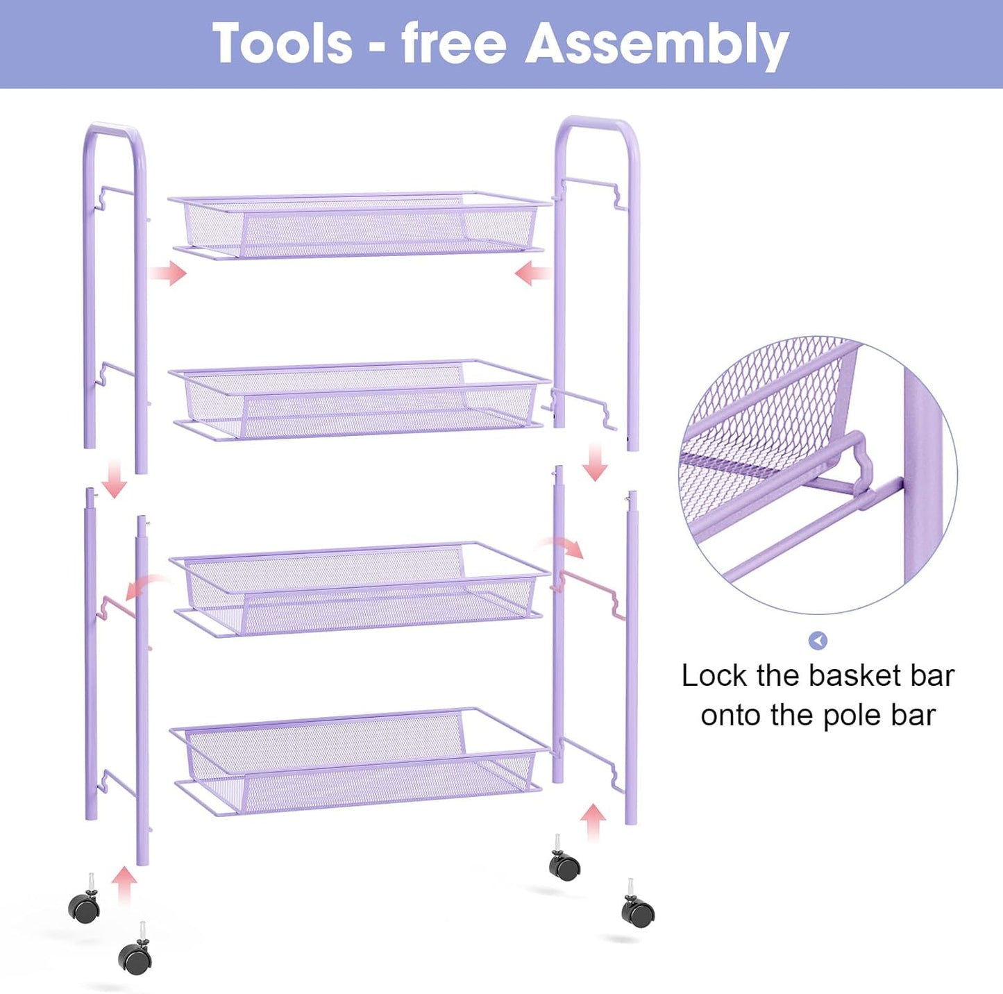 TOOLF 4-Tier Rolling Cart, Metal Utility Cart with 3 Hooks, Easy Assemble Mobile Storage Trolley On Wheels, Metal Shelving Units Kitchen Bathroom Laundry Room