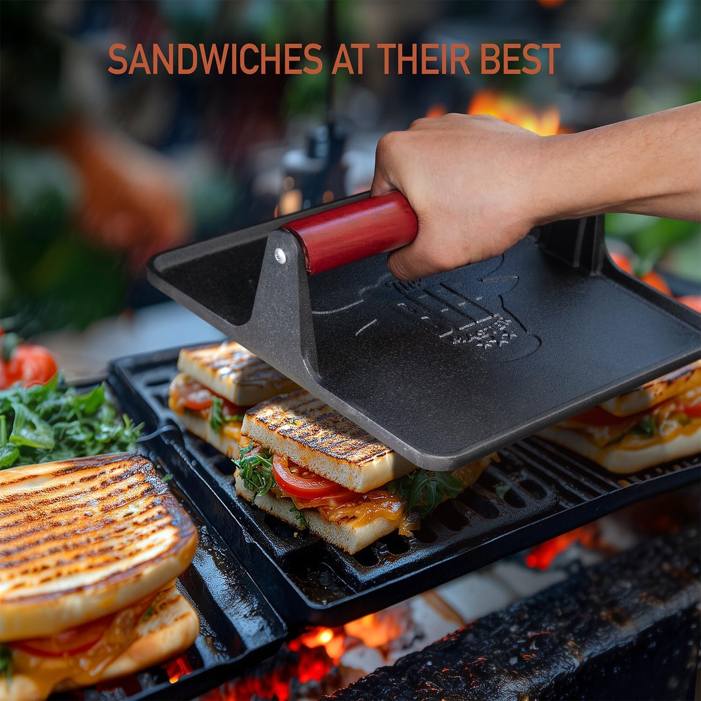 The Beef Master Cast Iron Grill Press - XL Burger Press, Pre-Seasoned Griddle Press, Heavy Duty Meat Press for Bacon, Burgers, and Steak with Cool Touch Handle - 10”x10”x4”