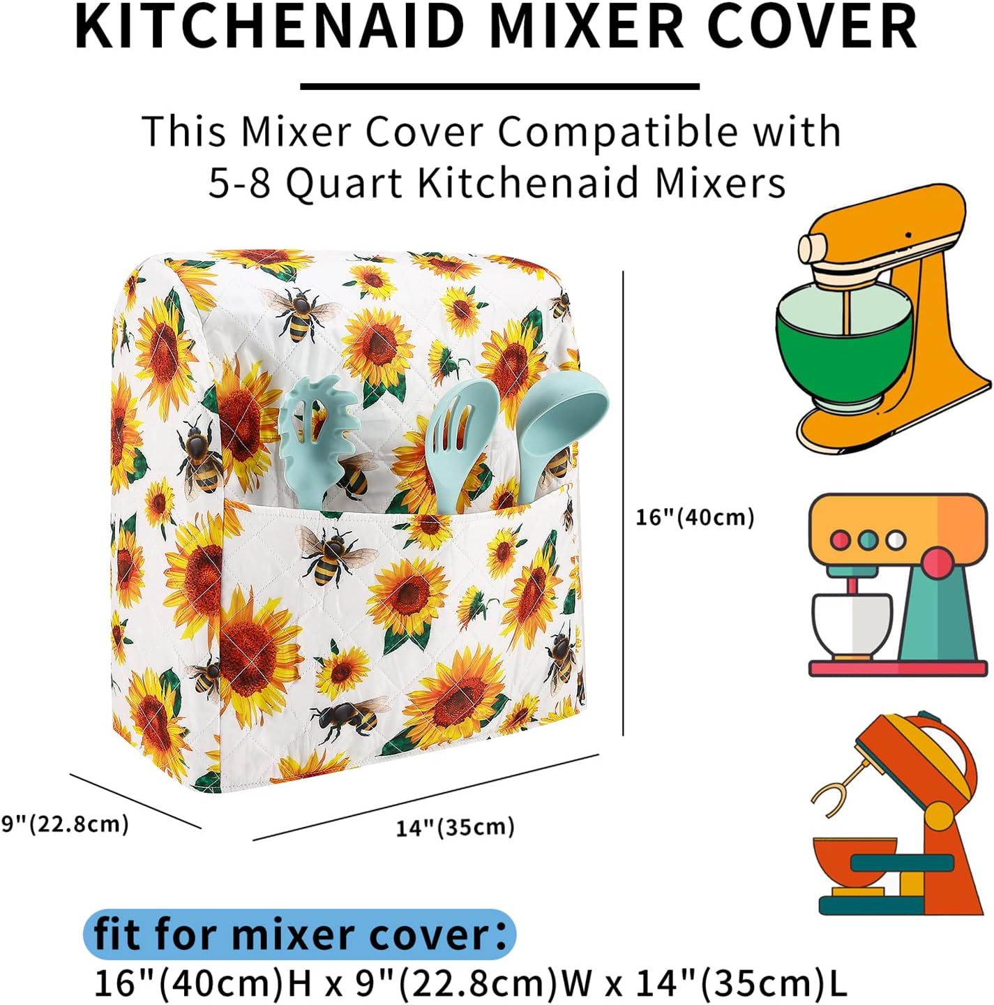 Stand Mixer Cover,Sunflower Kitchen Mixer Cover Compatible With 5-8 Qt Kitchenaid Hamilton Mixers,Sunflower Bee Spring Summer Yellow Kitchen Decoration,Pioneer Woman Kitchen Aid Mixer Assecories
