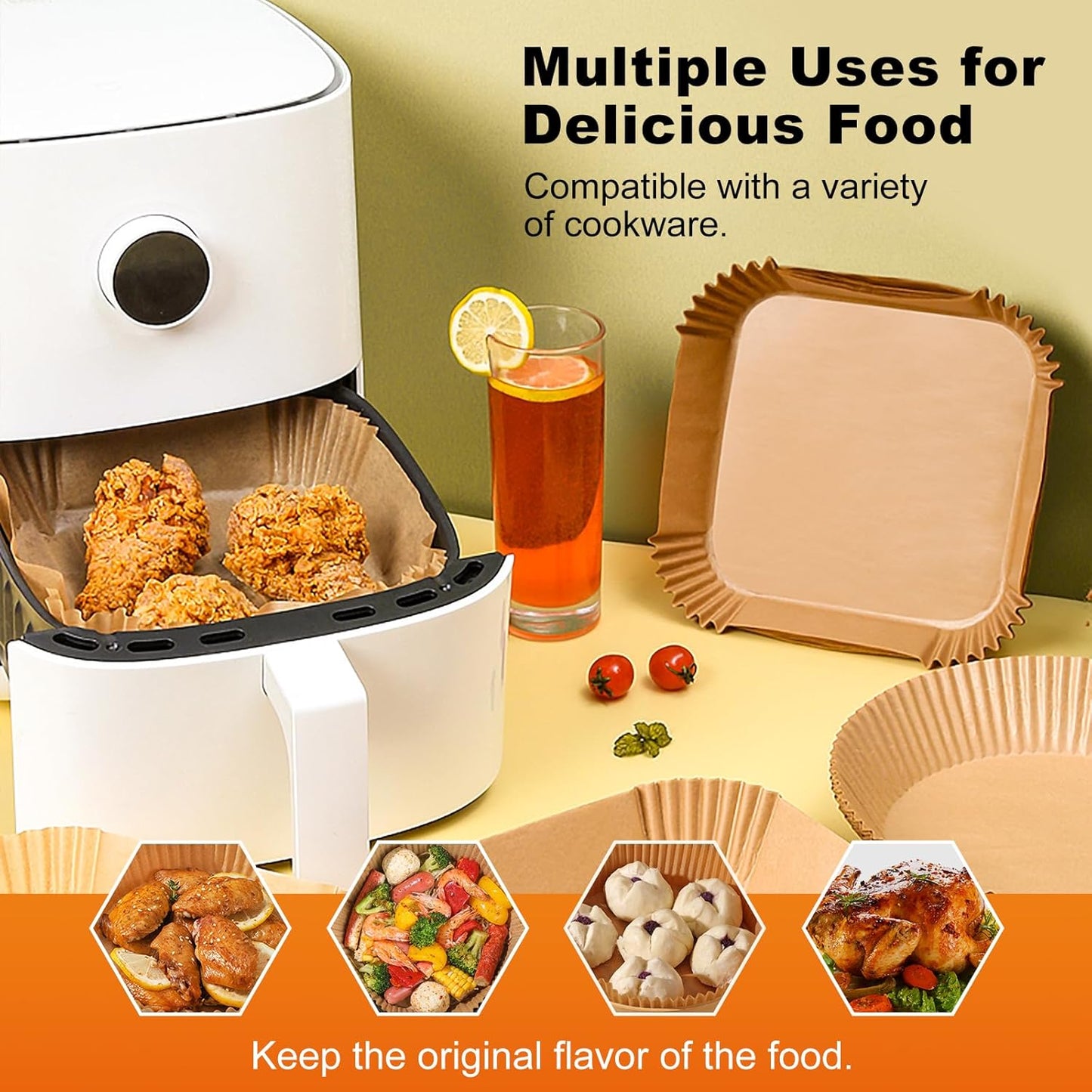 Air Fryer Liners Disposable, 200Pcs 8" Square Unbleached Parchment Paper Liners Non-Stick & Waterproof Oilproof for 5-8 QT Airfryer Basket, Baking, Roasting Microwave, Oven