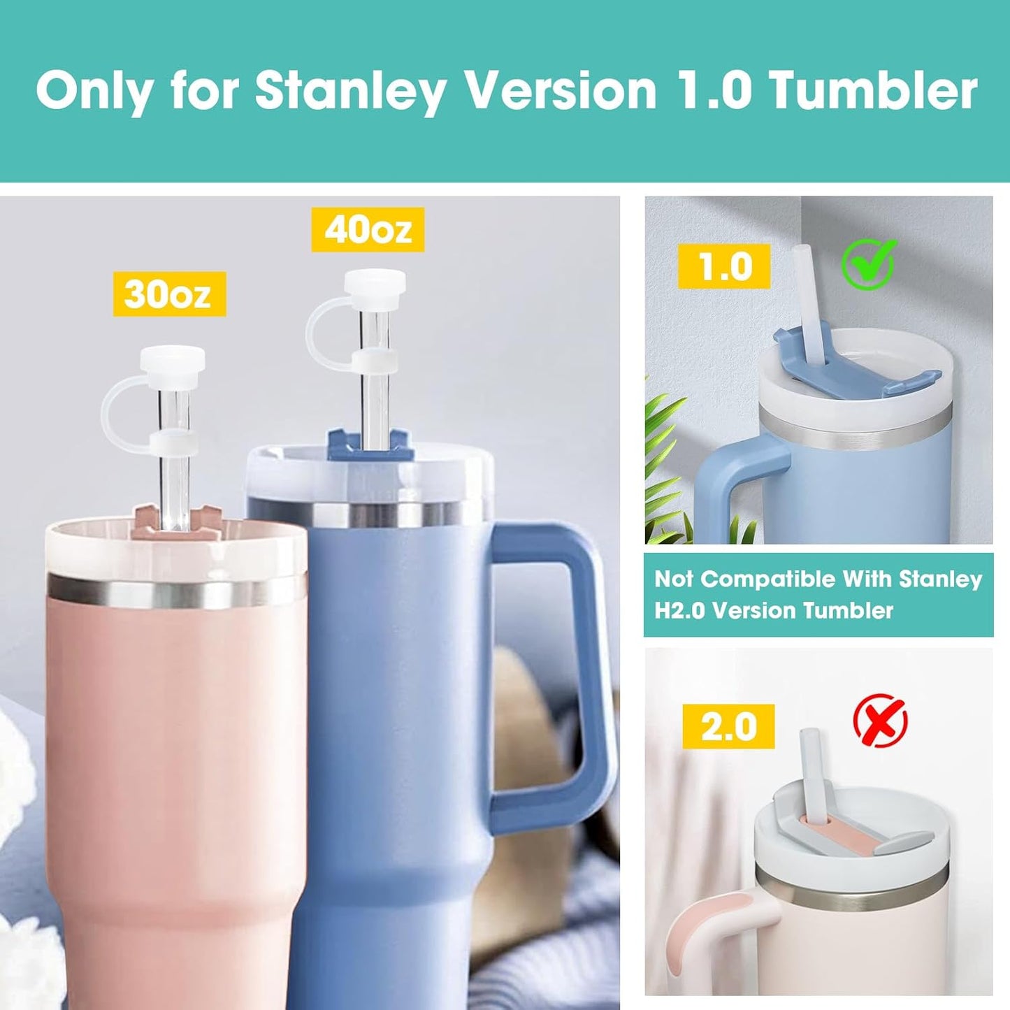Silicone Spill Proof Stopper Set and Protective Boot for Stanley H1.0 40oz 30oz Tumbler, Leak Proof Straws Topper, Cover Cap and Anti Slip Bottle Bottom Boot Sleeve for Stanley Mug Cup