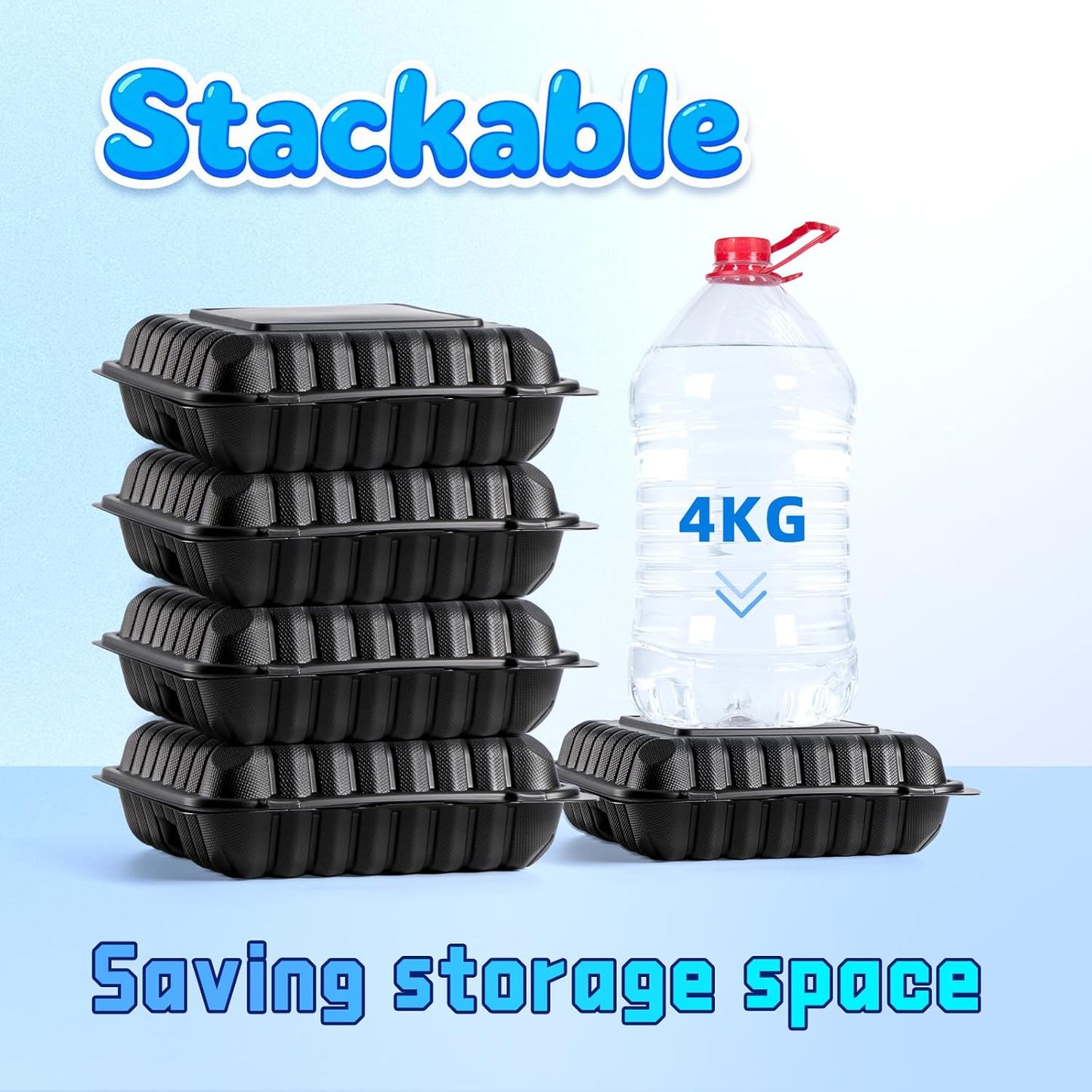 YANGRUI Takeout Containers 8 Inch 34 oz 55 Pack - Mineral Filled BPA Free Polypropylene Plastic | Shrink Wrapped Freezer & Microwave Safe | Black Reusable Hinged Clamshell Food Container