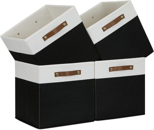 Temary Fabric Storage Bin 4 Pack Cube Storage Bin for Shelf Fabric Cube Storage Basket 13 Inch Cube Storage Bins Foldable Storage Cubes with Leather Handles(White&Black)