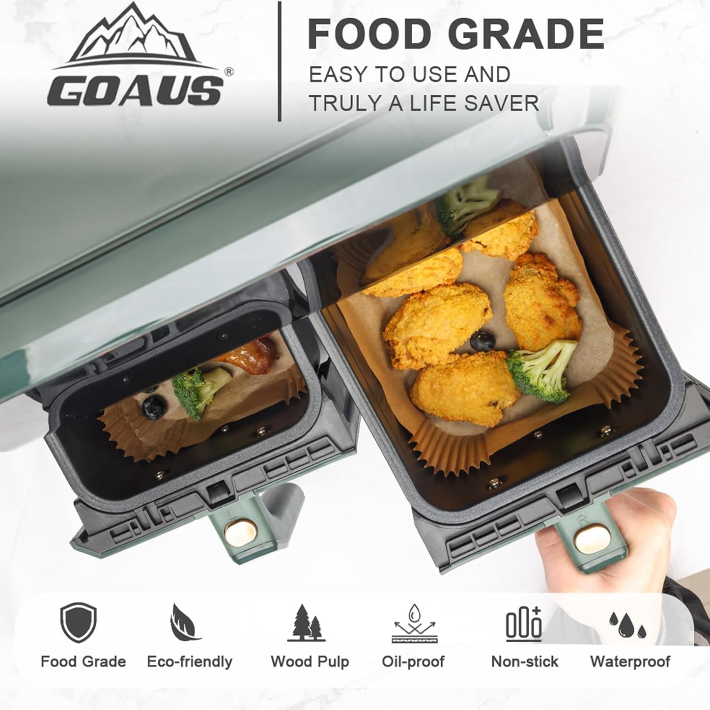 GOAUS Air Fryer 150 Pcs Rectangular Paper Liners Disposable for Dual Air Fryer 2 Baskets 8 to 10 Qt, 8.6x5.5 inches Parchment Paper Rectangle, Fit Ninja DZ201 DZ401 SL401