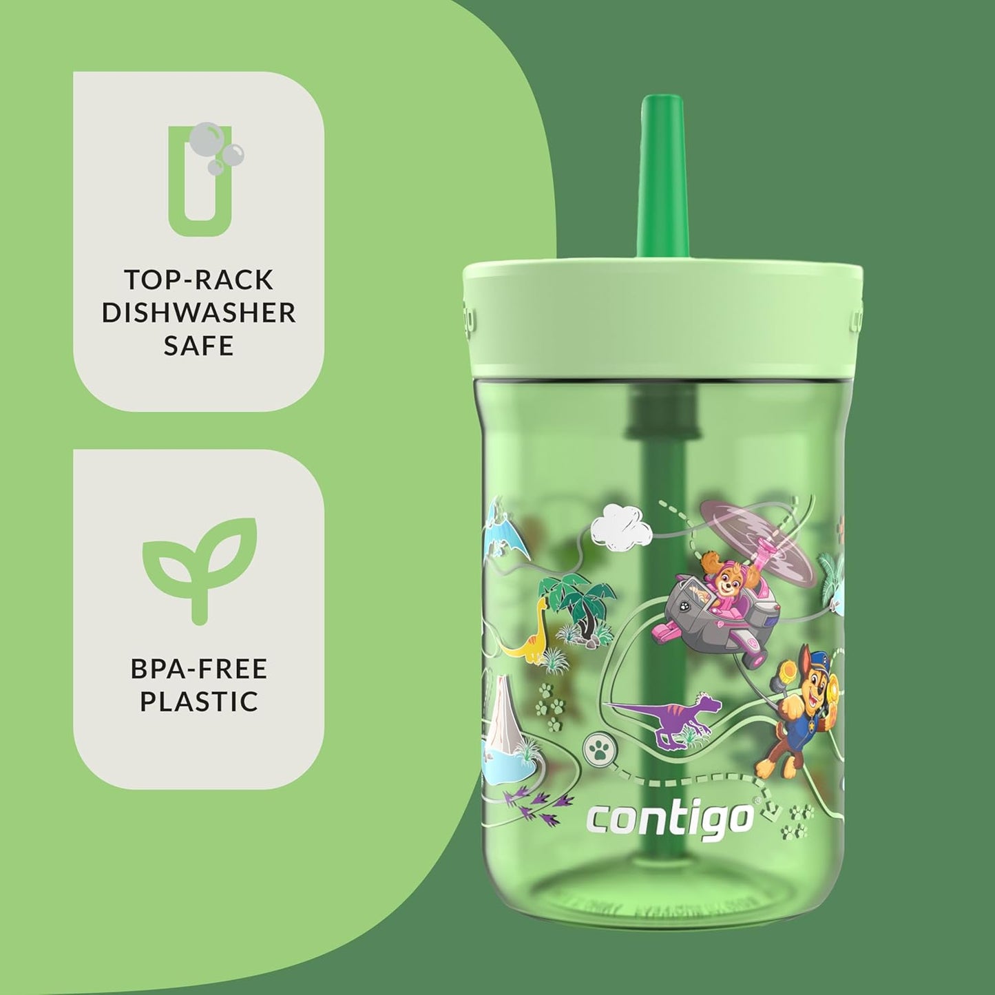 Contigo Kids Leighton Spill-Proof 2-Pack Paw Patrol Tumbler with Straw, 14oz, Power Pups and Dino Treks, Green and Blue