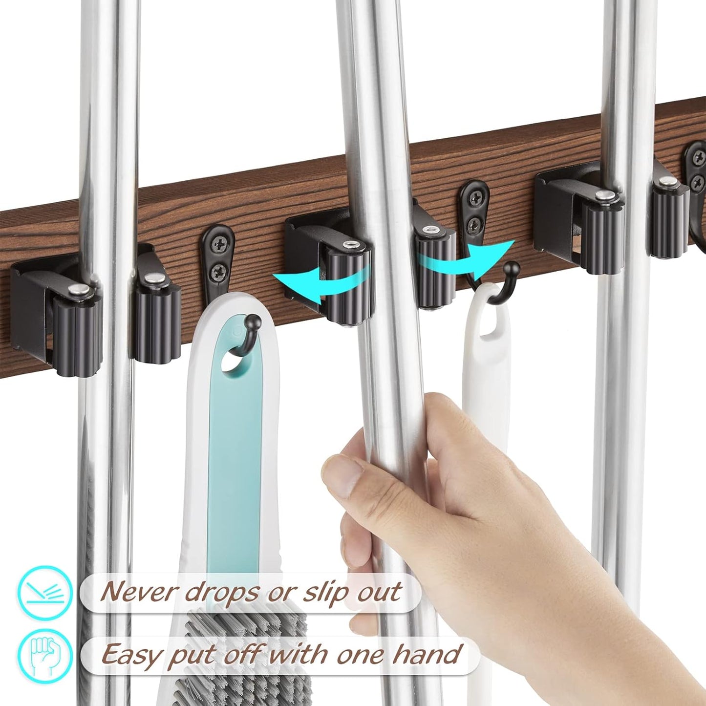 Mop Broom Holder Wall Mount with 3 Slots & 4 Hooks - Wood Broom Mop Hanger for Pantry Kitchen Organization - Garden Tool Organizer for Closet Laundry Room - for Rustic Farmhouse Kitchen Decor