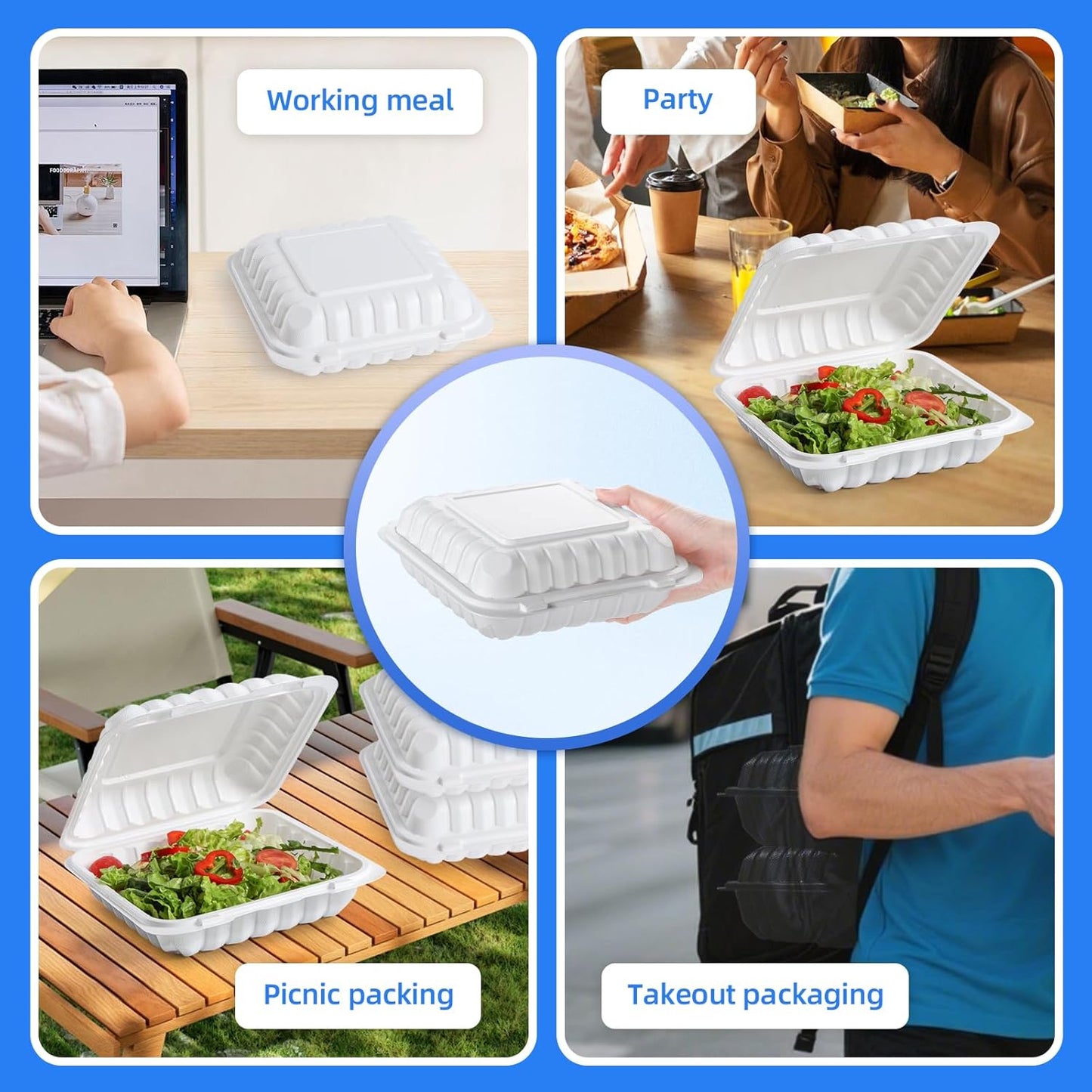 YANGRUI Food Containers 9 Inch 41 oz 100 Pack - Shrink Wrapped Sanitary | Mineral Filled BPA Free PP Plastic | Reusable Heavy Duty Freezer & Microwave Safe | Stackable Design Takeout Container